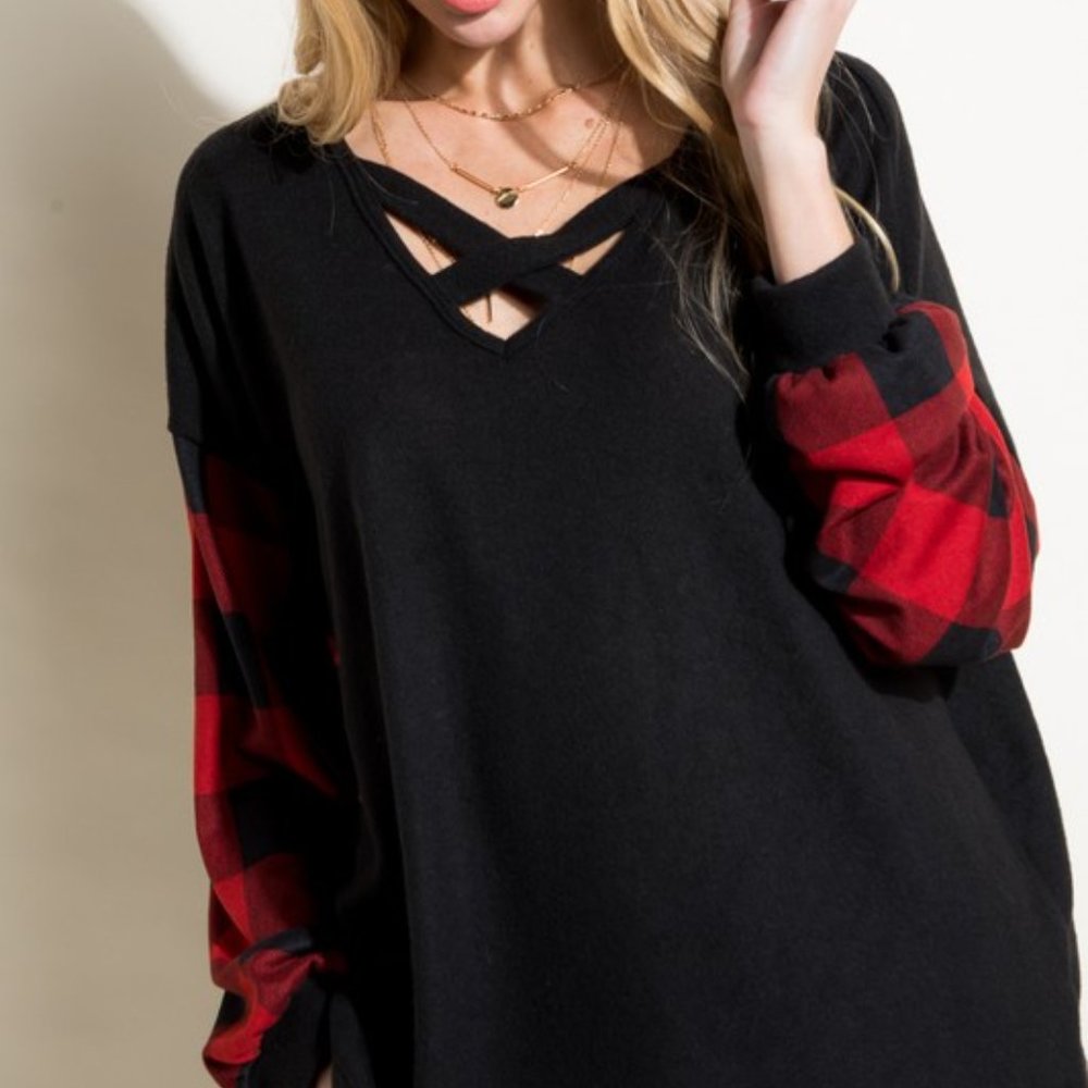 Buffalo Plaid Sleeve Criss Cross Tunic - Picture 6 of 7